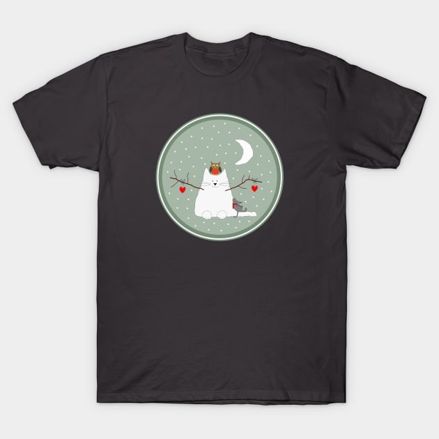 Snow cat with Mister Mouse and Lady Owl T-Shirt by greenPAWS graphics